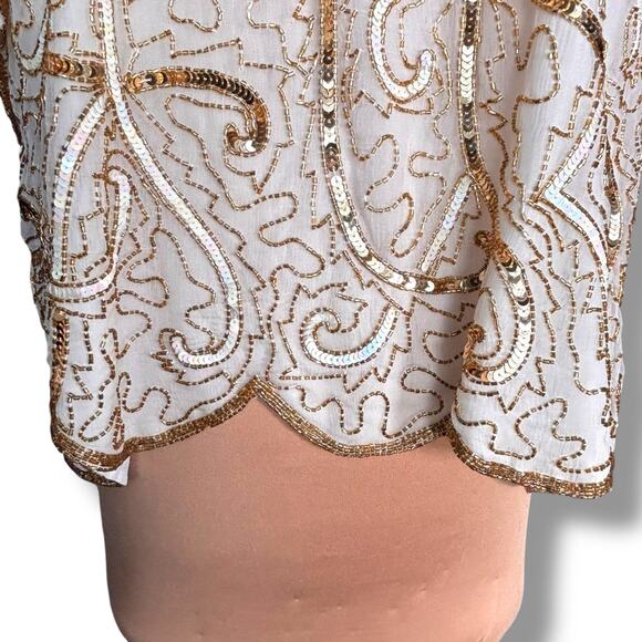 Vintage 90s Beaded Silk Top Metallic Sequin Gold White Evening Blouse Plus Size - Picture 4 of 13